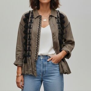 Zara Trafaluc Olive Green Linen Blazer Bohemian Pompom Tassles Size S Boho